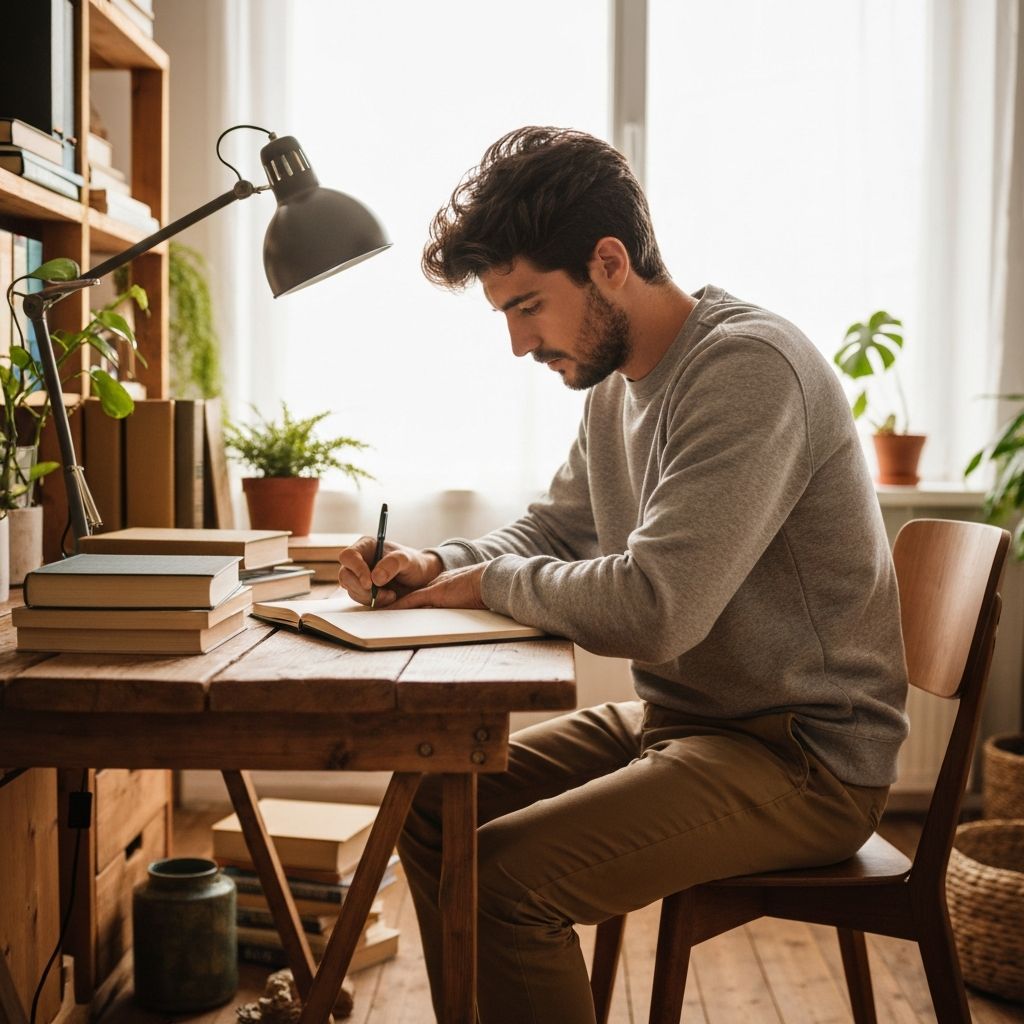 Workspace with journal and natural materials